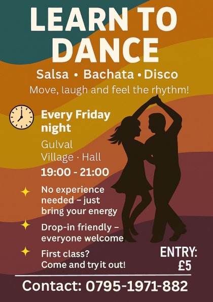 Poster welcoming the community to Latin dance evenings at Gulval Village Hall, Fridays 19:00–21:00, £5 entry