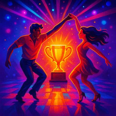 Two dancers forming an archway with raised arms, framing the sparkly glowing St. Ives Dance Cup trophy from Paul’s Latin dance classes.