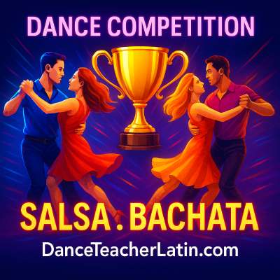 A vibrant Salsa and Bachata competition scene with two couples dancing in hold around the DanceTeacherLatin.com Dance‑Off Cup in St. Ives, Cornwall.